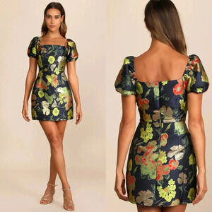 Lulu's So Stunning Navy Blue Floral Jacquard Puff Sleeve Mini Dress L Party NWOT